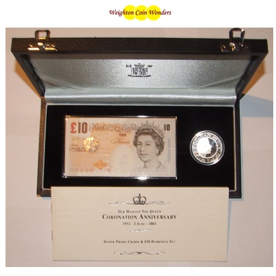 2003 £10 Note and Silver Proof Crown - Coronation Anniversary